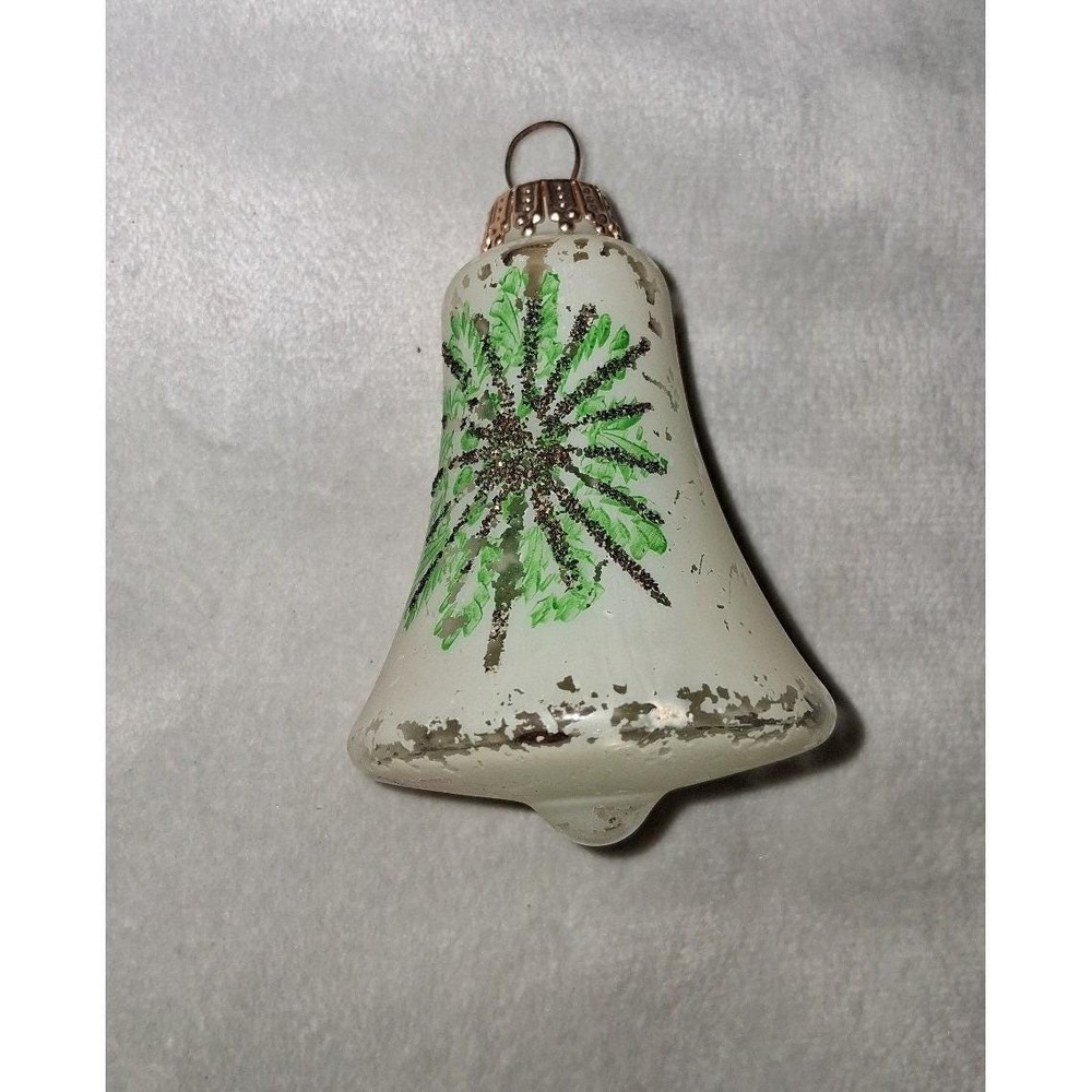 Vintage West Germany Glass Bell Christmas Ornament 3" White Green Glitter